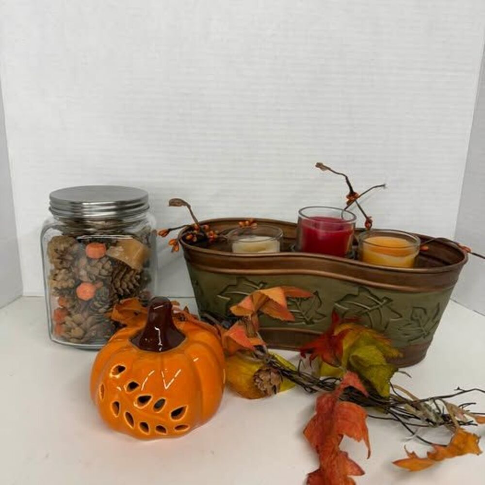 Fall Decor Bundle - Ceramic Pumpkin, Metal Candle Holder, and Potpourri Jar